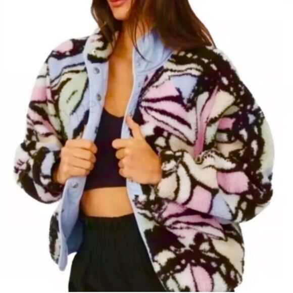 Free People Women’s XS Rocky Ridge Fleece Jacket Butterfly Print Oversized New